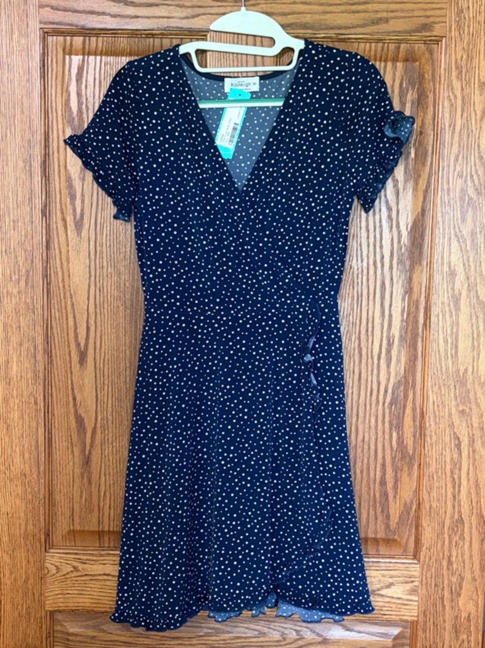 Kaileigh Navy Polka Dot Faux Wrap Dress with Ruffle Hem NWT size XSP